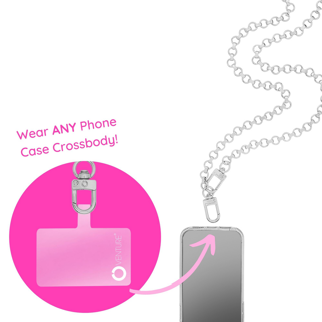 Silver round link crossbody chain with phone connector attached. Wear any Phone case as a crossbody