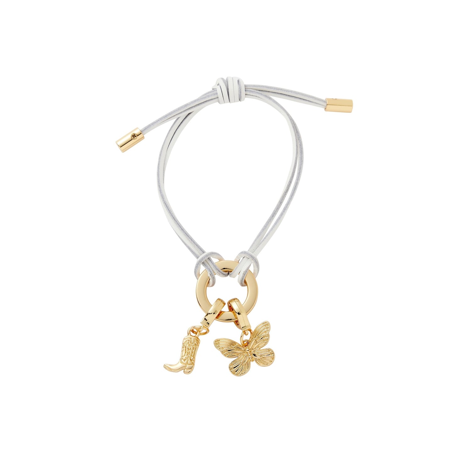 Bracelet with gold charms including a butterfly and a boot on a white background