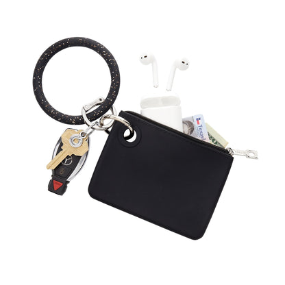 Back in Black Confetti - Silicone Big O Key Ring - Oventure with mini black silicone pouch attached. The pouch can hold air pods, id, and cash