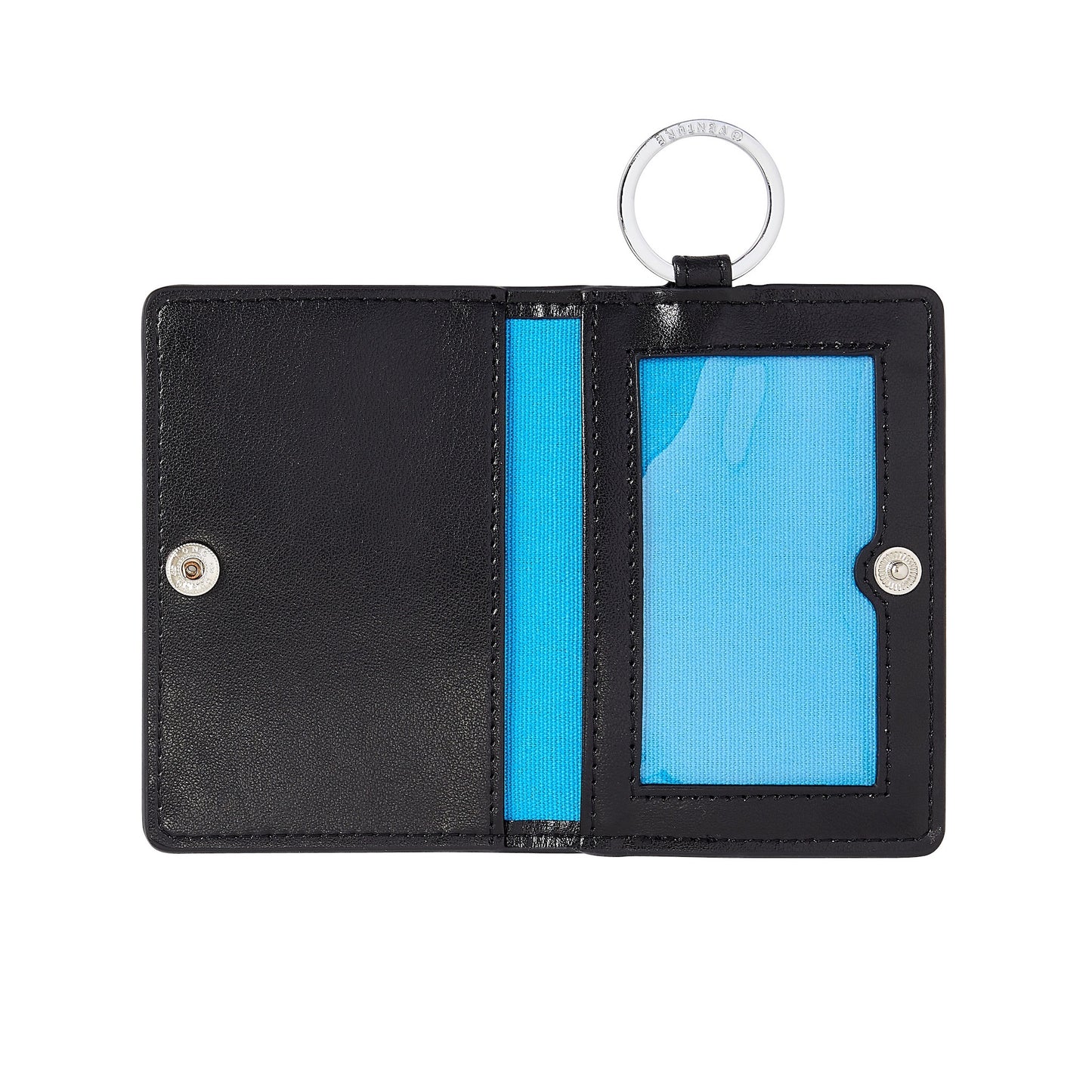 Black wallet keychain by Oventure. This wallet keychain has a split ring attached to make it a key card holder. The Black leather id case with clear window on the back.