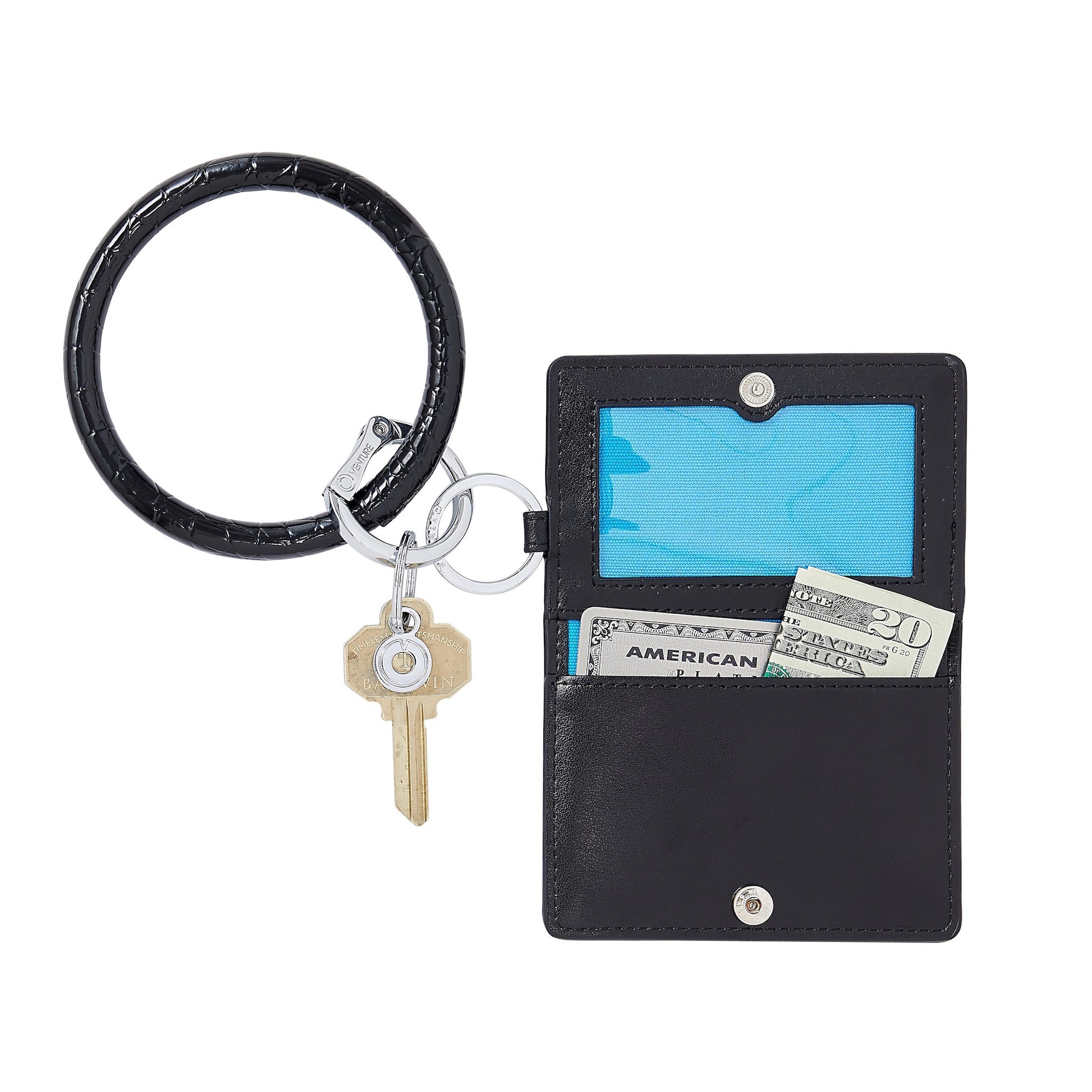 Sleek black leather bifold keychain wallet shown attached to a black bracelet keychain.