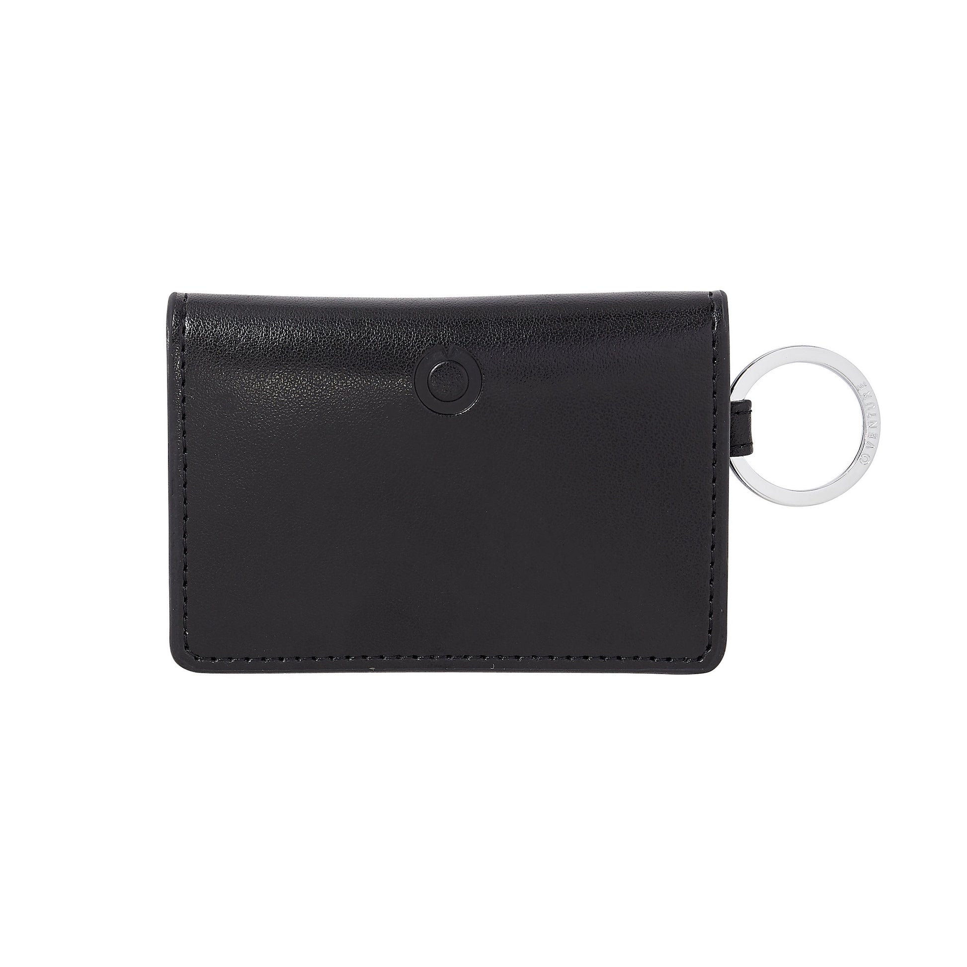 Black leather bifold keychain wallet with compartments.