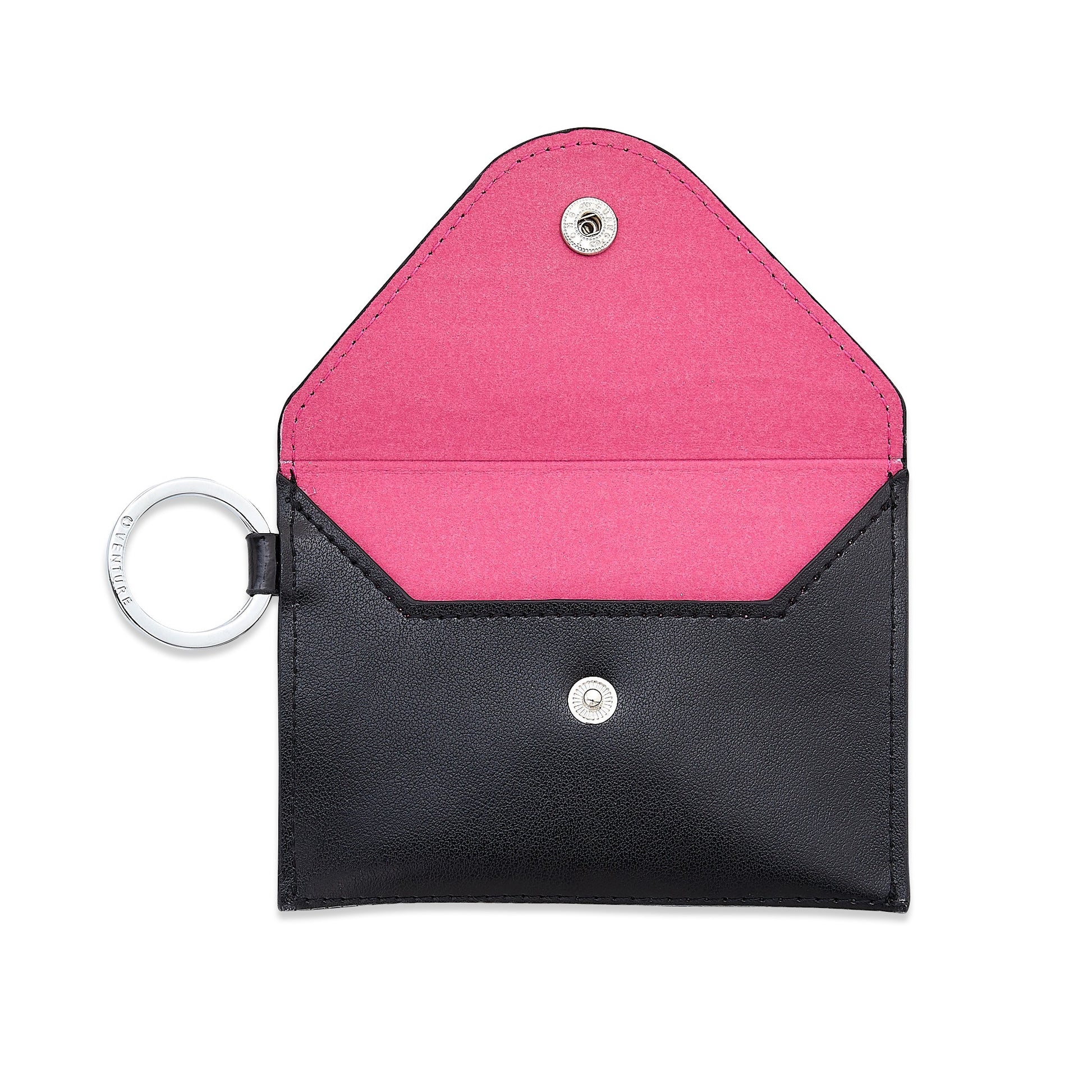 Black leather keychain wallet in mini envelope style - Oventure with hot pink microfiber liner