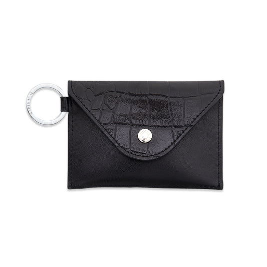 Stylish leather keychain wallet in mini envelope design.  This designer keychain wallet is shown in black leather.