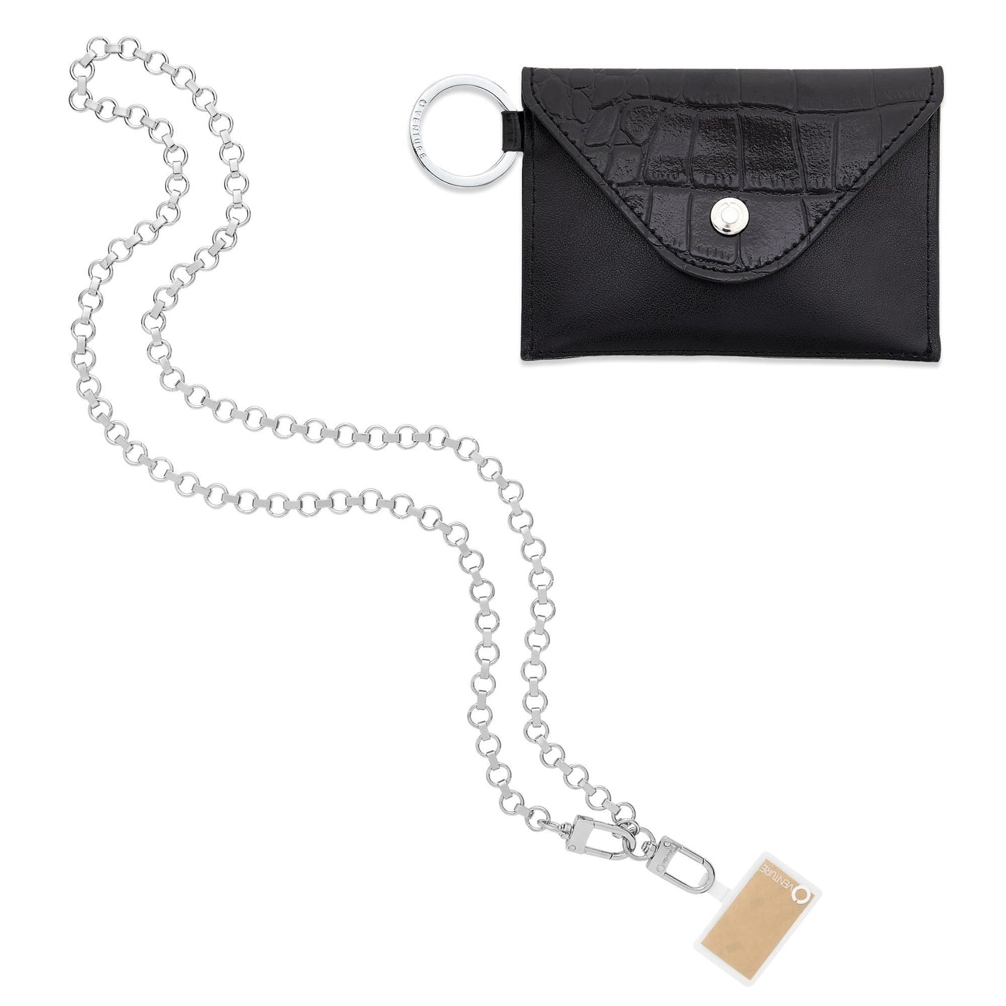 Black Crossbody Chain Set - Oventure this includes a mini envelope wallet in black embossed croc and a silver link crossbody chain and phone connector