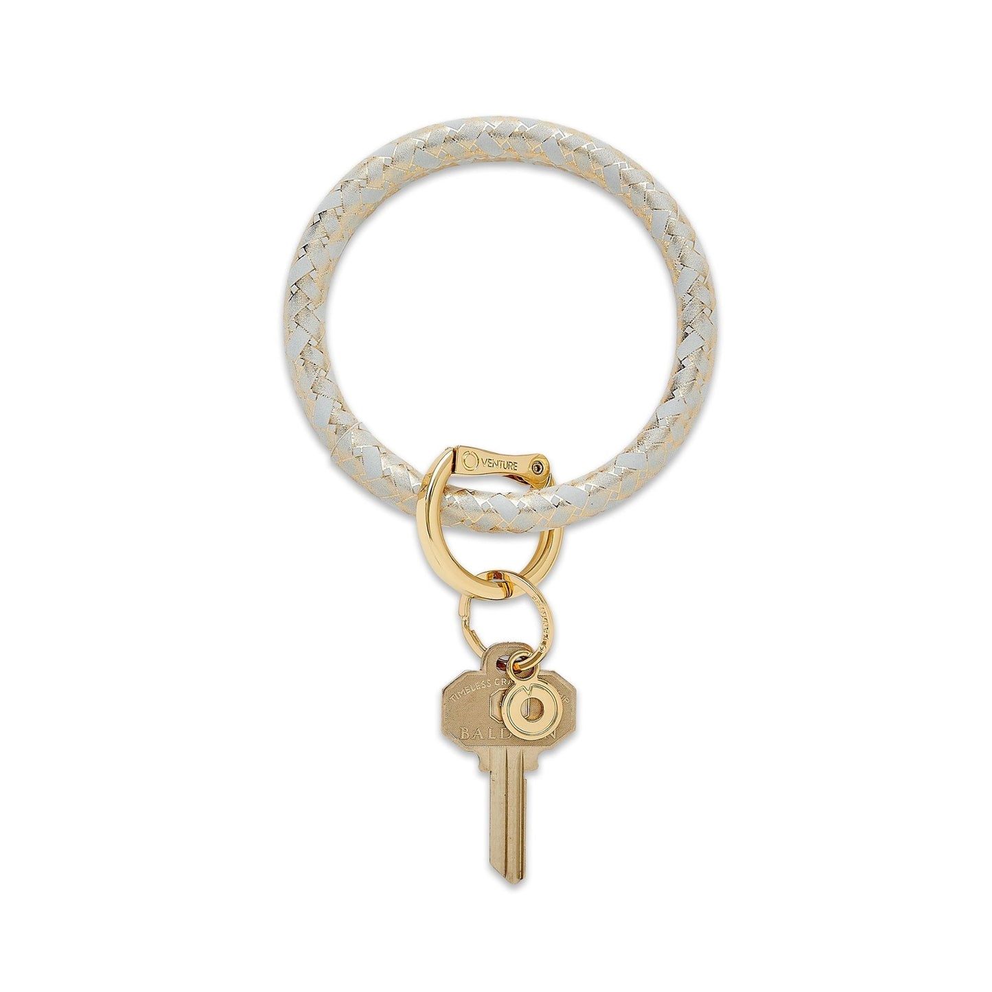 Gold Rush Basketweave - Leather Big O Key Ring - Oventure Gold and white printed basketweave keyring