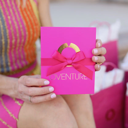 Oventure hot pink gift box with gold logo and matching pink bow