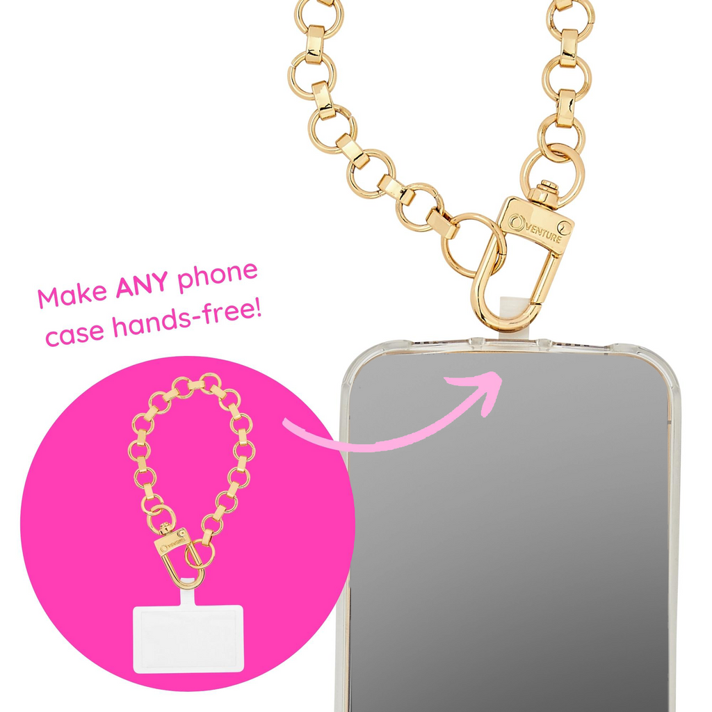 Gold Rush - The Hook Me Up™ Wristlet - Oventure which has a phone connector attached for cell phone