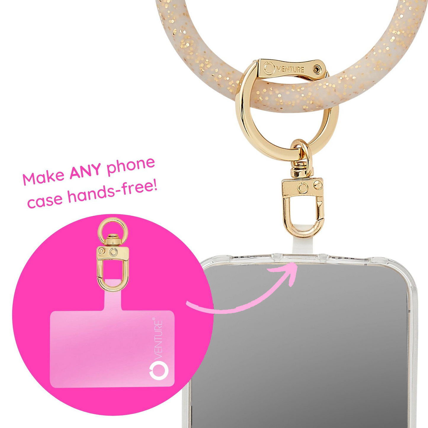 Gold Rush - The Hook Me Up™ Universal Phone Connector - Oventure The Oventure phone connector is a connector that sticks inside your phone case and attaches to your big o keyring.