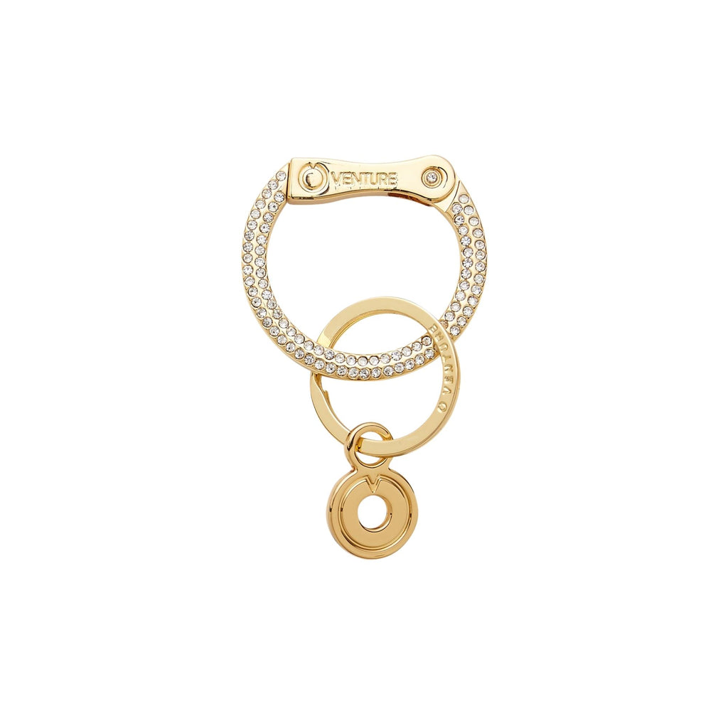 Oventure signature locking clasp with jewels on the outer ring. Split ring attached in gold hardware