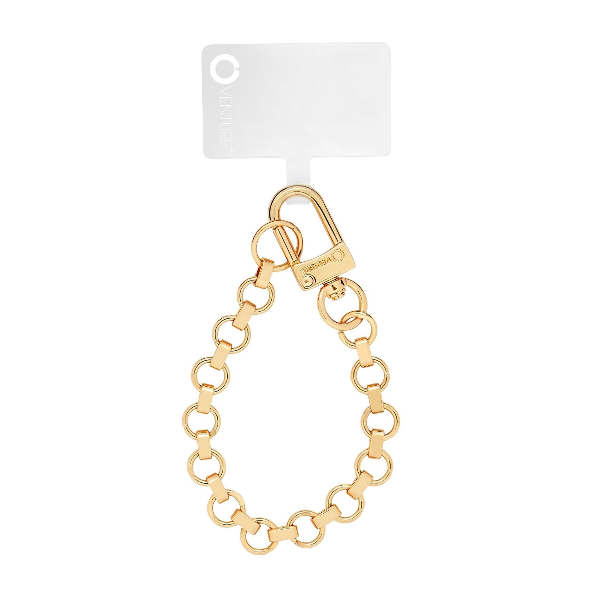 Gold Rush - The Hook Me Up™ Wristlet - Oventure shown in gold link chain with hook me up phone tab attached