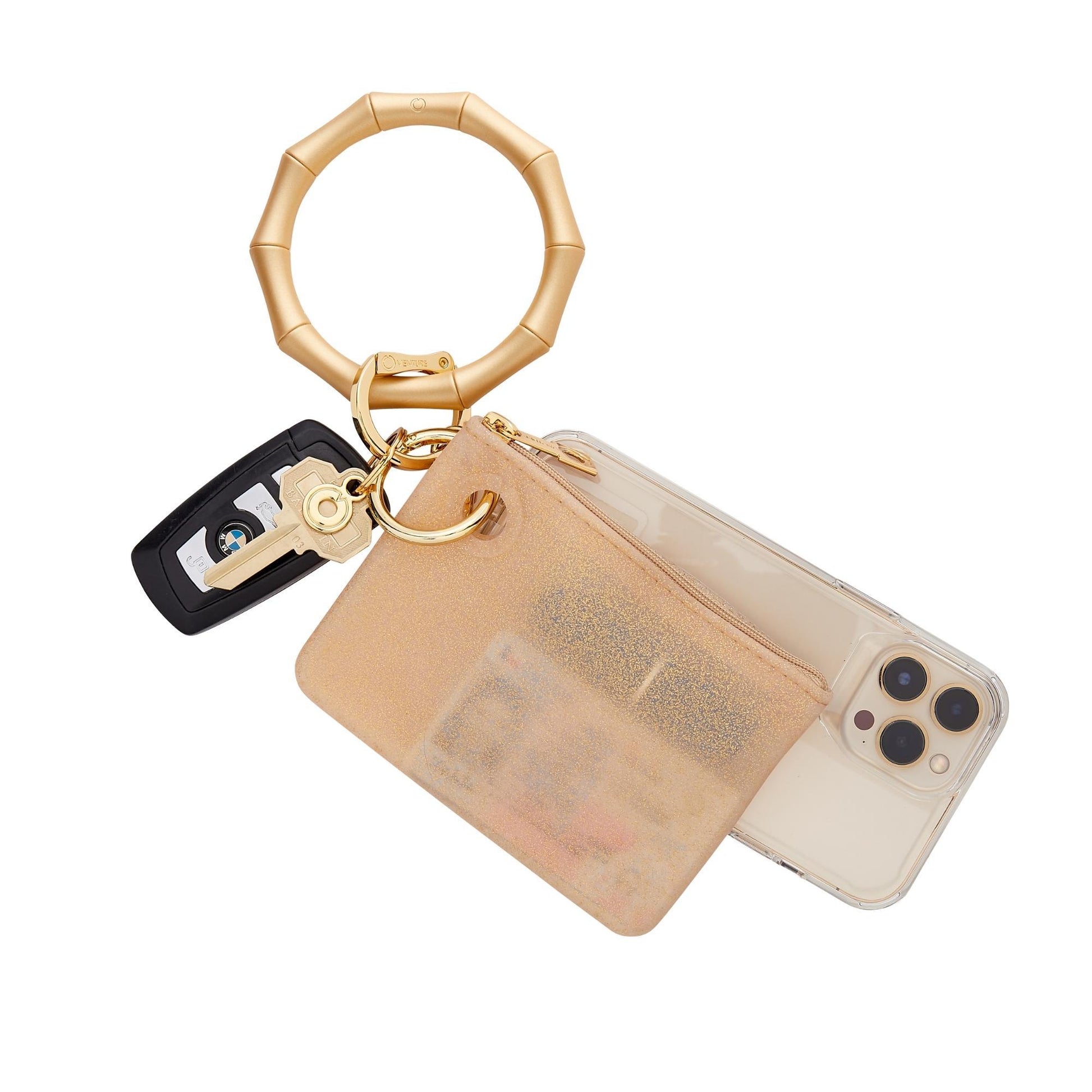 Gold Rush - The Hook Me Up™ Universal Phone Connector - Oventure shown attached to the gold silicone bamboo key ring and mini silicone pouch.