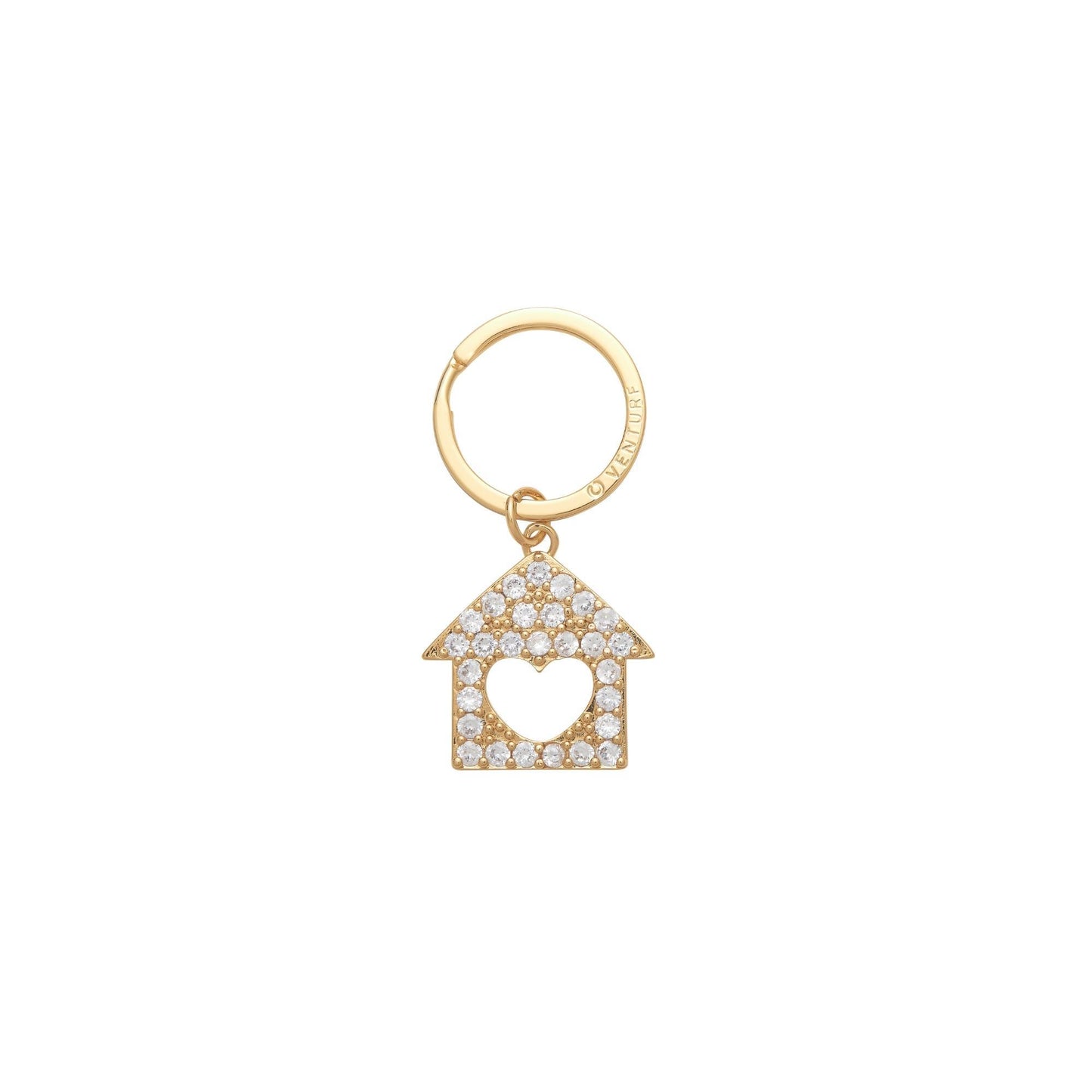 Home is where the heart is charm for keychain. Jeweled home with heart cutout on a split ring.