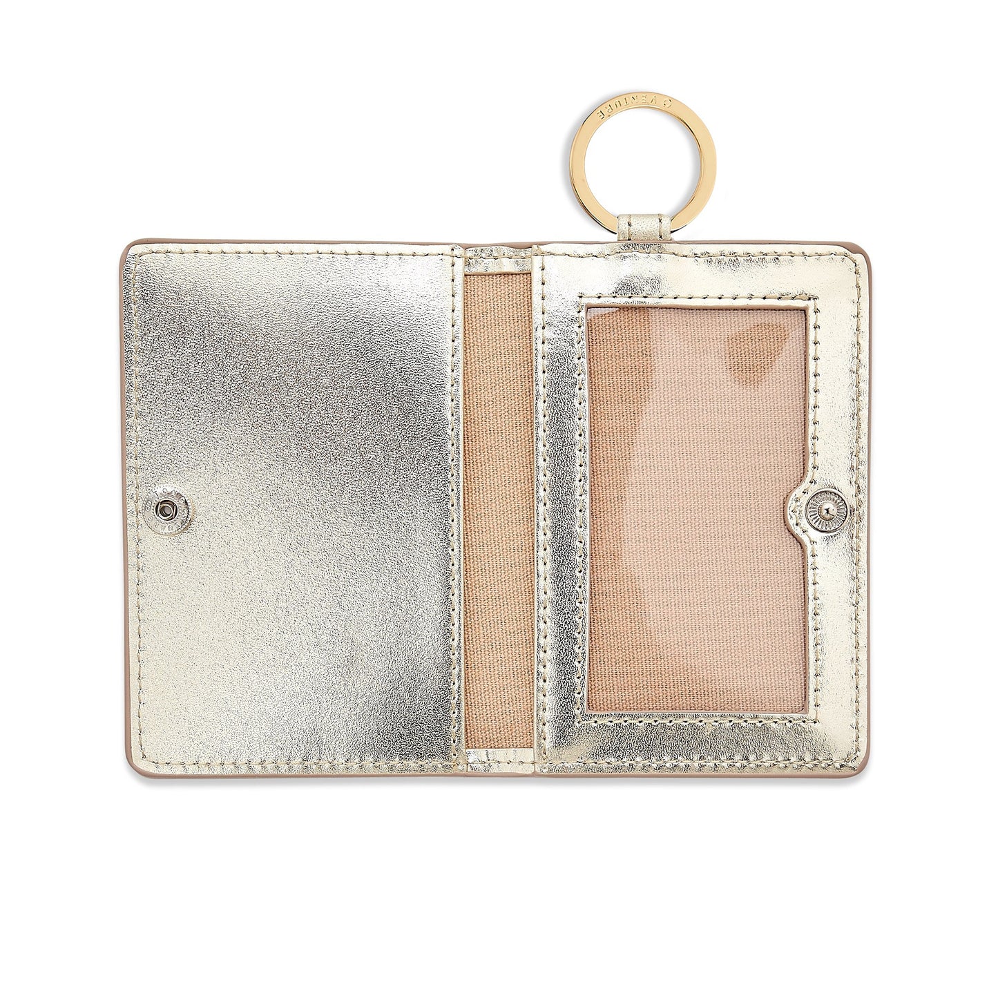 Id gold wallet with clear outer window, and clear inner window for id holder. Room for cards and cash