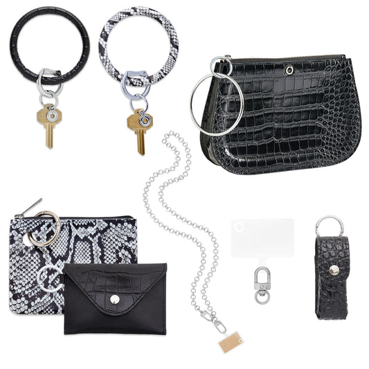 Hands-Free Wardrobe set in black - Oventure This includes key rings, keychain wallets, handbag, lipstick holder, and crossbody chain strap.
