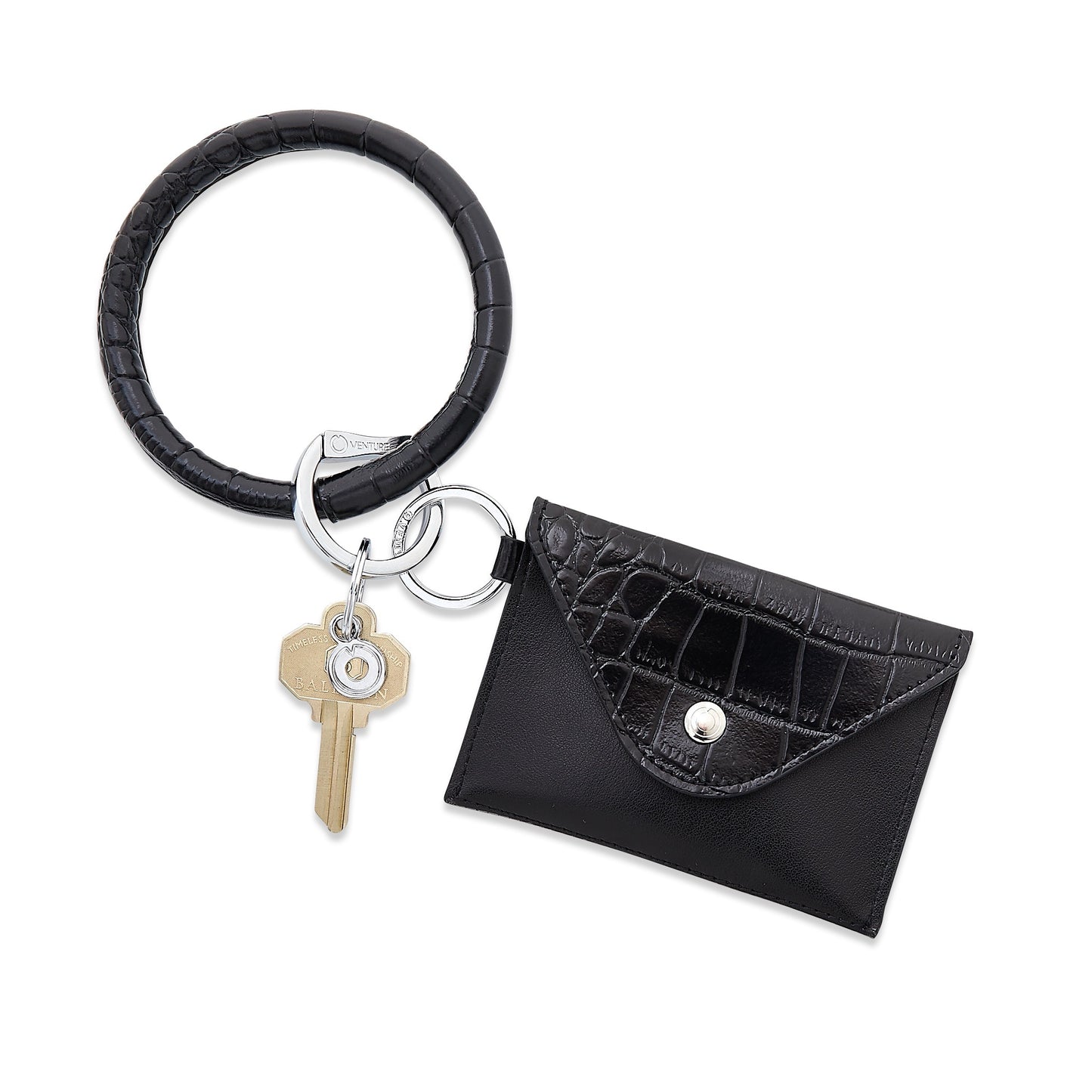 Stylish leather keychain wallet in mini envelope design shown attached to an O Venture keyring.