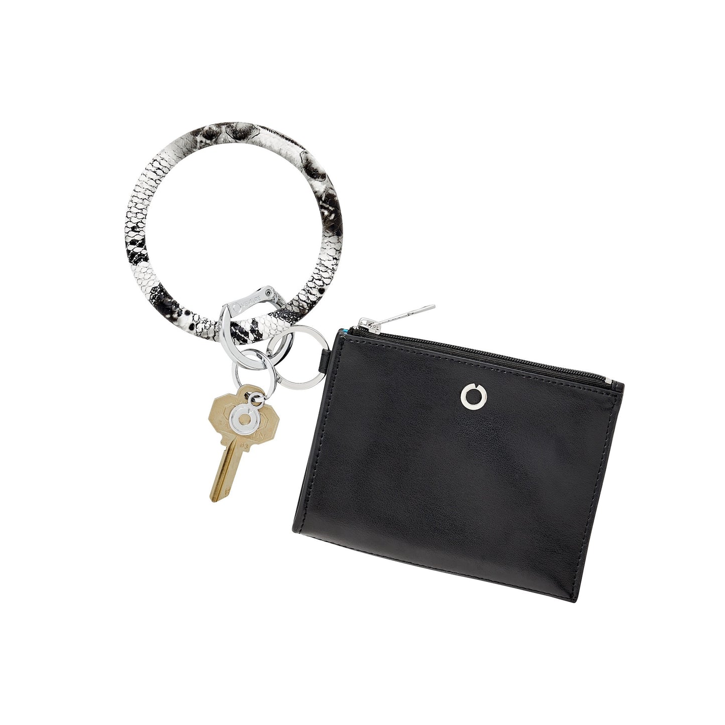 Black leather wallet wristlet for stylish organization on the go.  Attached to the key ring bracelet.