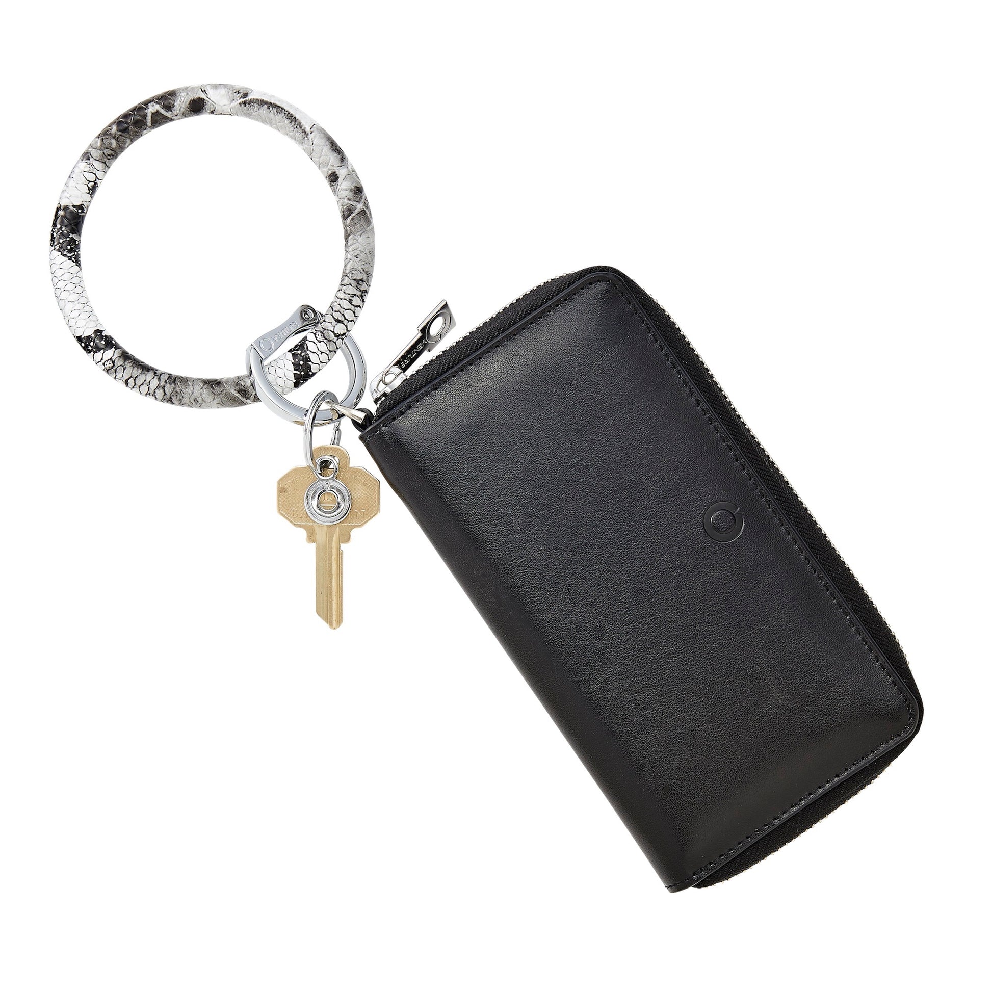 Back in Black - Ossential Leather Zip Around - Oventure attached to a big o key ring in leather with black and white snakeskin print