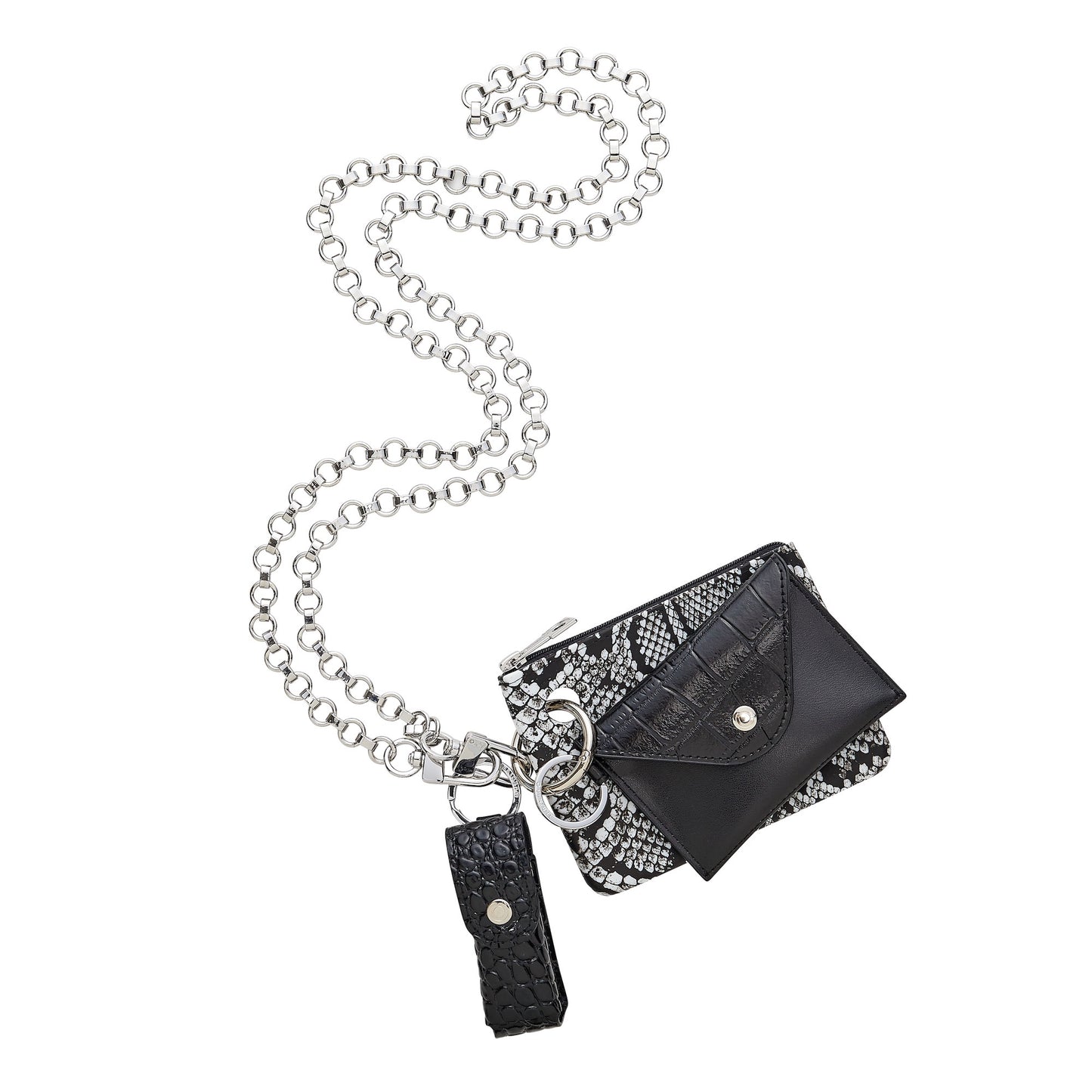 A crossbody chain with a black lipstick holder, small black wallet and snakeskin printed silicone pouch.