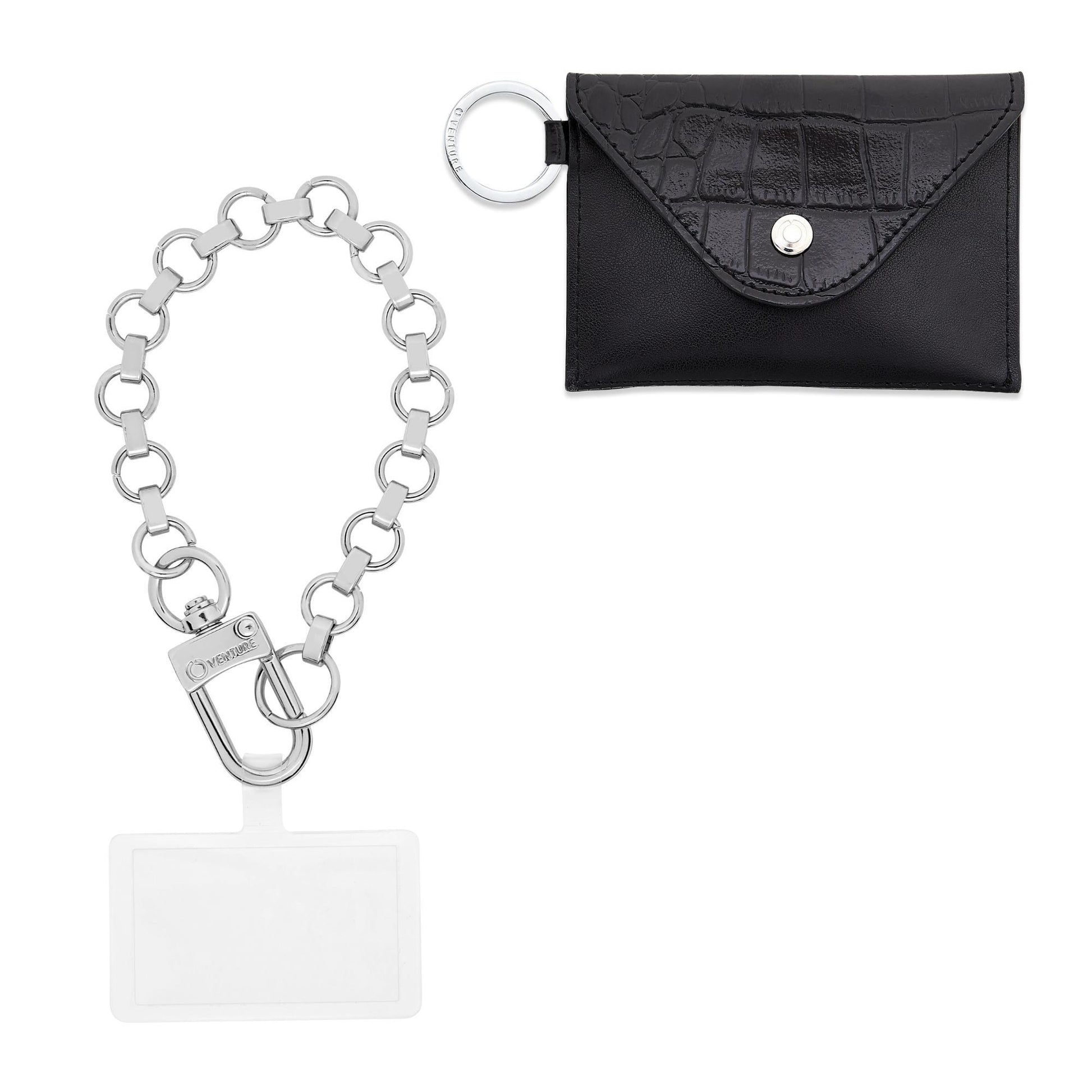 Oventure Siliver link wristlet with phone connector attached.  Mini envelope wallet in black croc included.