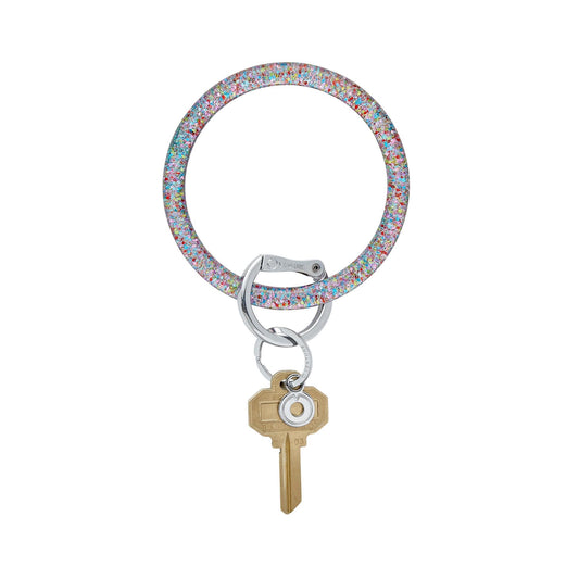 Big O Key Ring in Resin material with sparkly glitter confetti that is multi colored.