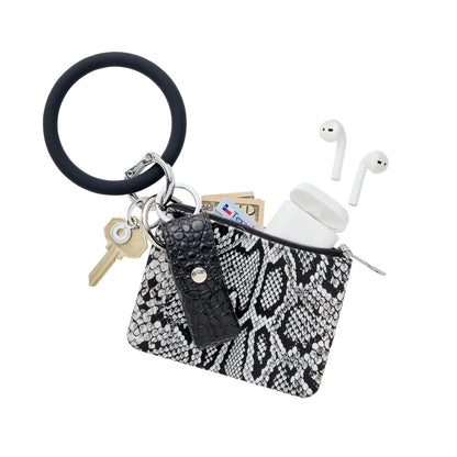 Back in Black - Silicone Big O Key Ring - Oventure with black leather lipstick holder and mini silicone pouch in tuxedo black and white snakeskin print