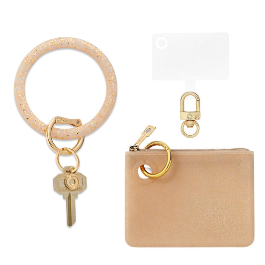 Oventure silicone gold confetti big o key ring with matching mini pouch and phone connector. Phone wristlet and dual pouch