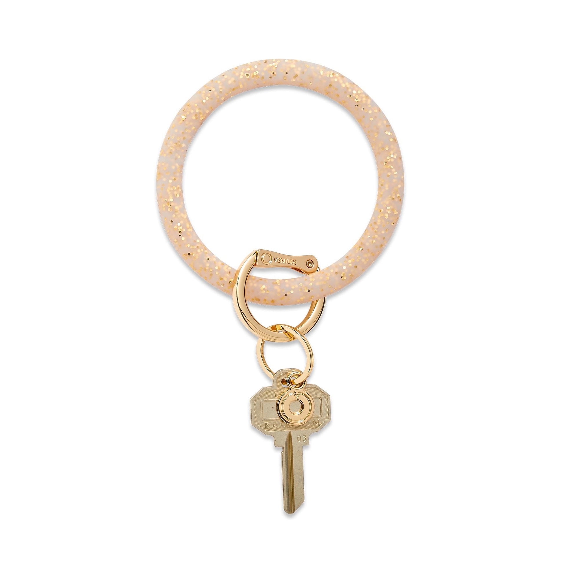 Gold Confetti Silicone Big O® Key Ring on white background, featuring gold glitter specs throughout the flexible bracelet key ring.