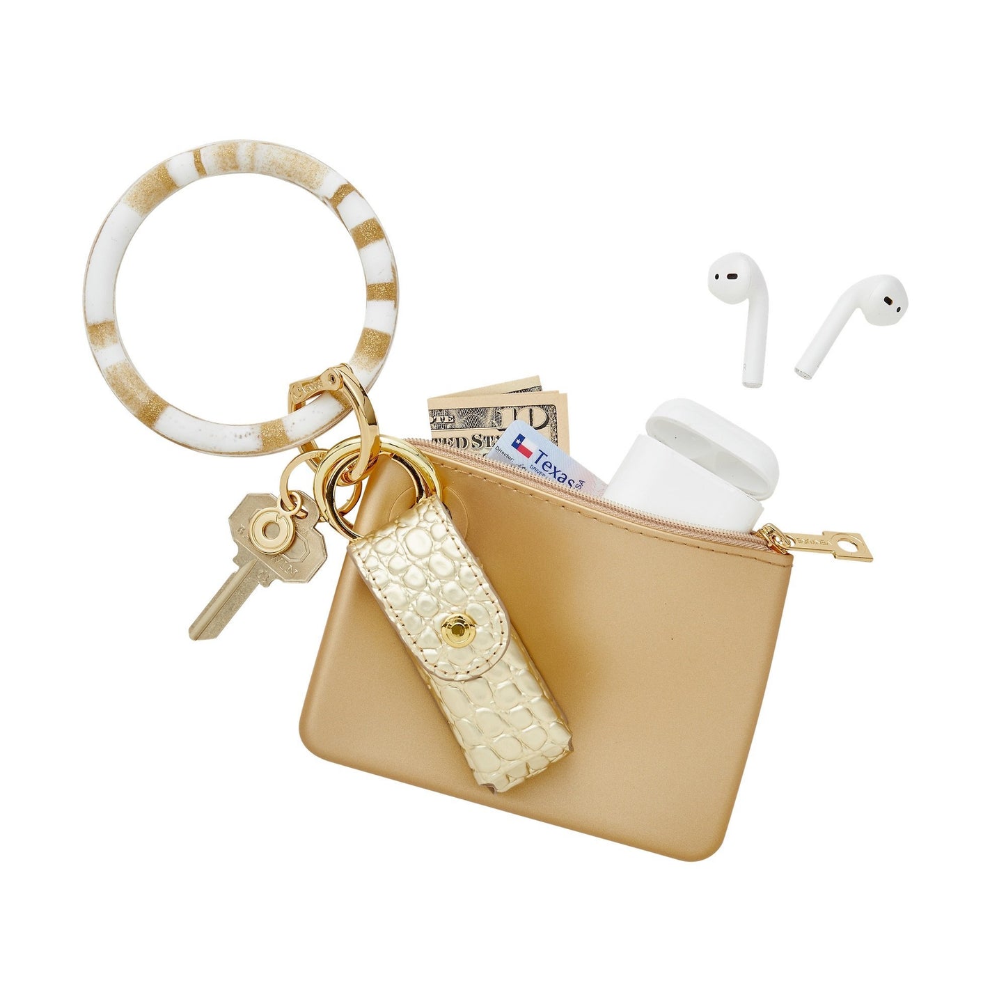 Gold Rush Marble - Silicone Big O Key Ring by Oventure with a mini silicone pouch attached in gold silicone and a lipstick holder in gold leather.