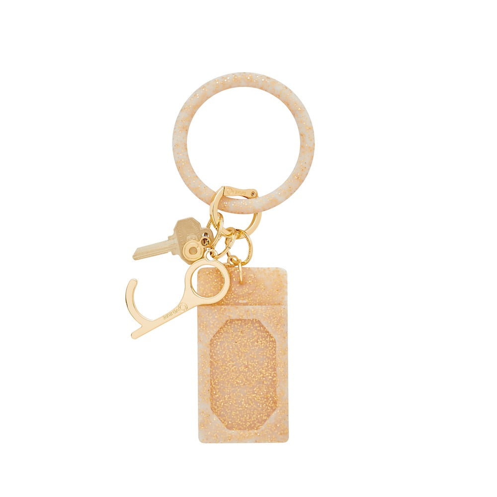 Gold Rush Confetti - Silicone ID Case - Oventure attached to the Big O Key Ring in gold confetti silicone with key and hands free tool attached.