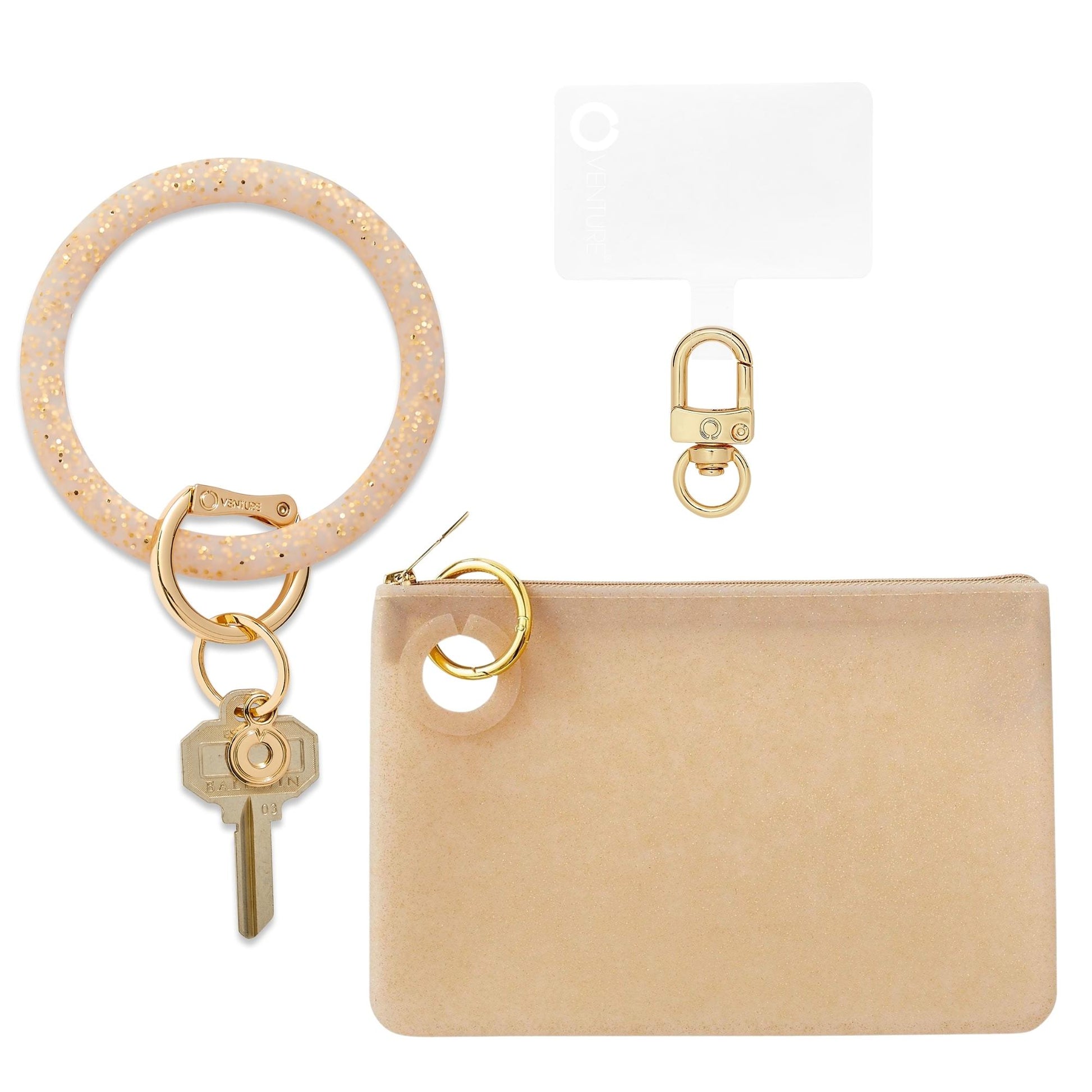 Stylish Large Pouch Wristlet with Phone Holder in gold confetti.